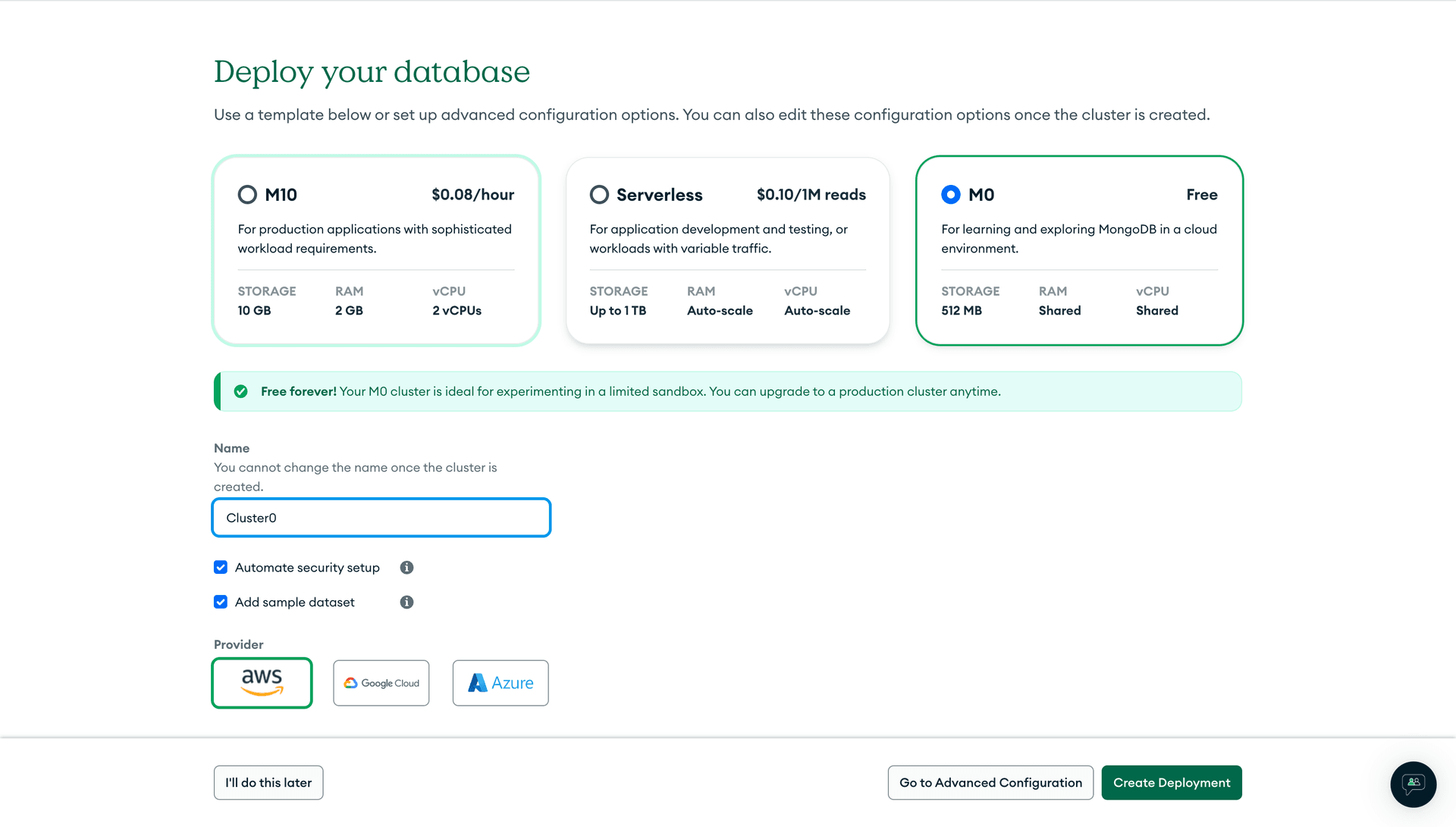 Configure MongoDB database