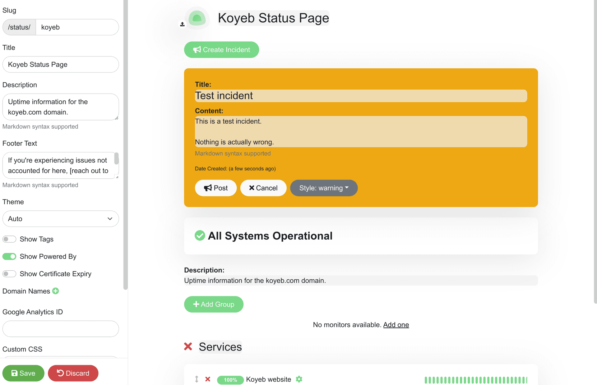 Uptime Kuma create incident