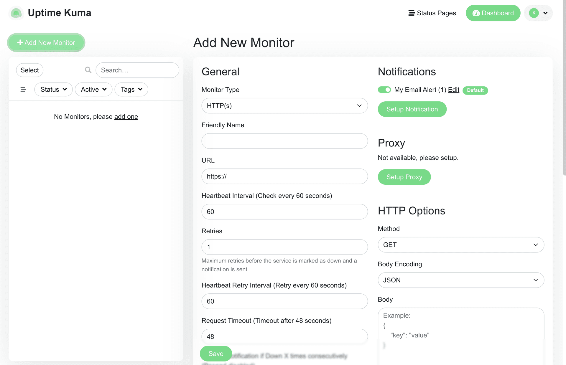 Uptime Kuma create new monitor