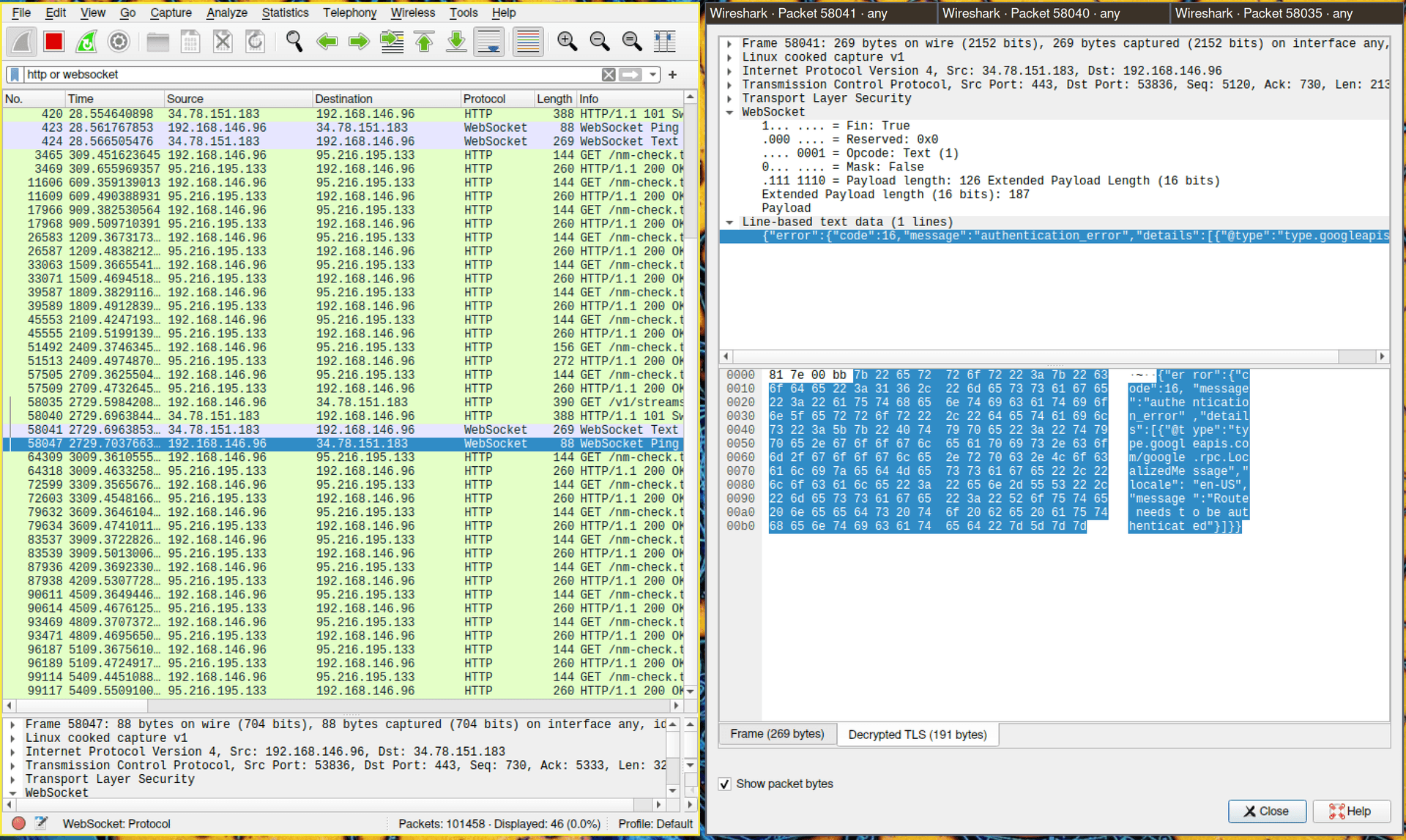 Screenshot of wireshark successfully showing decrypted traffic on the host